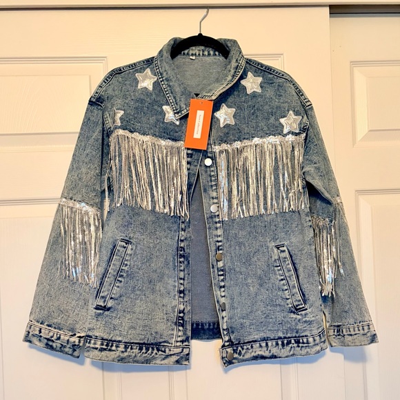 Amazon Jackets & Blazers - NWT Denim Jacket with Fringe and Star Accents